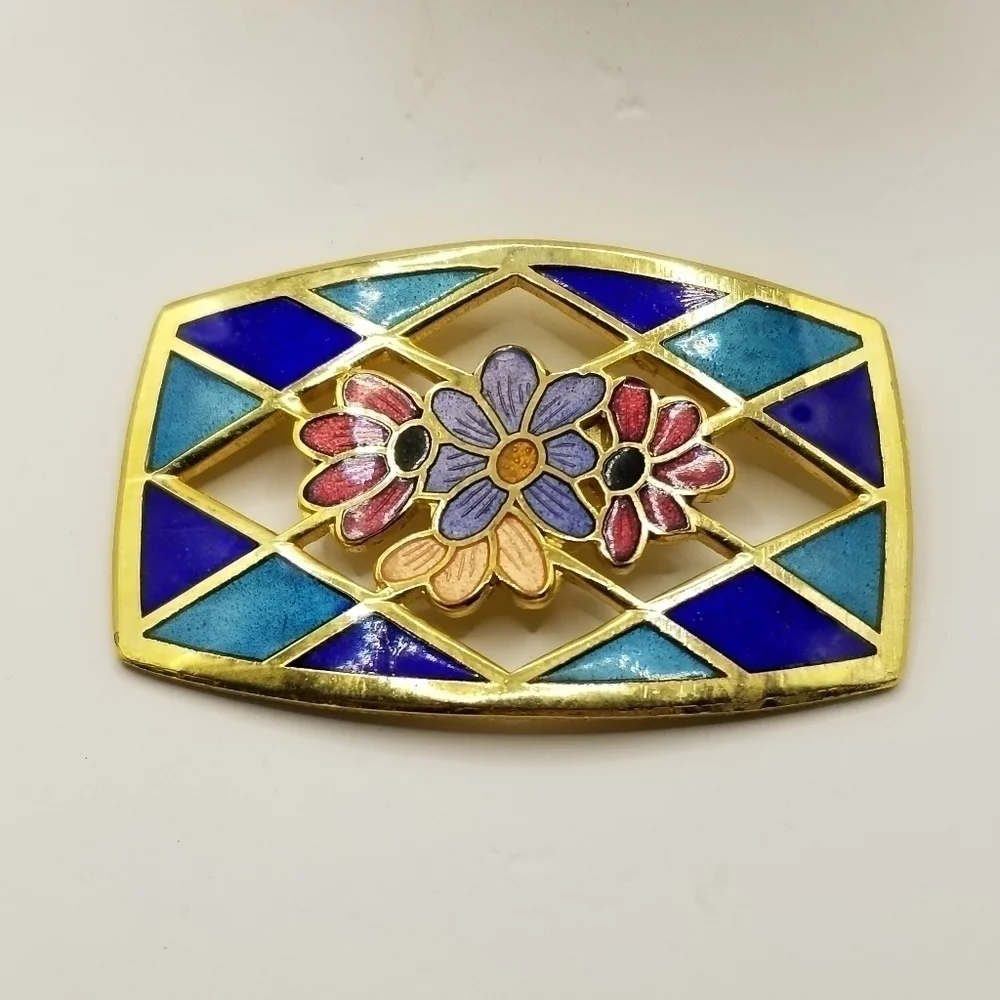 Vintage Cloisonne Brooch Pin Flowers Harlequin Pattern Multi Color Gold Tone